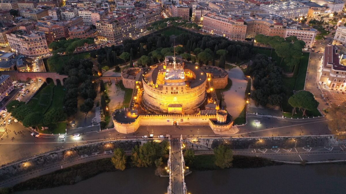 Aerial,Drone,Night,View,Of,Iconic,Castel,Sant'angelo,(castle,Of