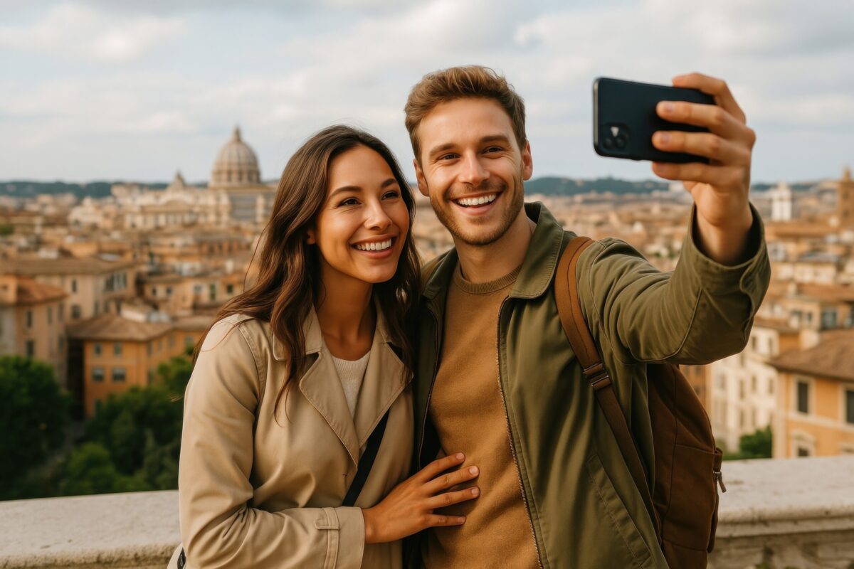 Couple capturing Rome's charm.